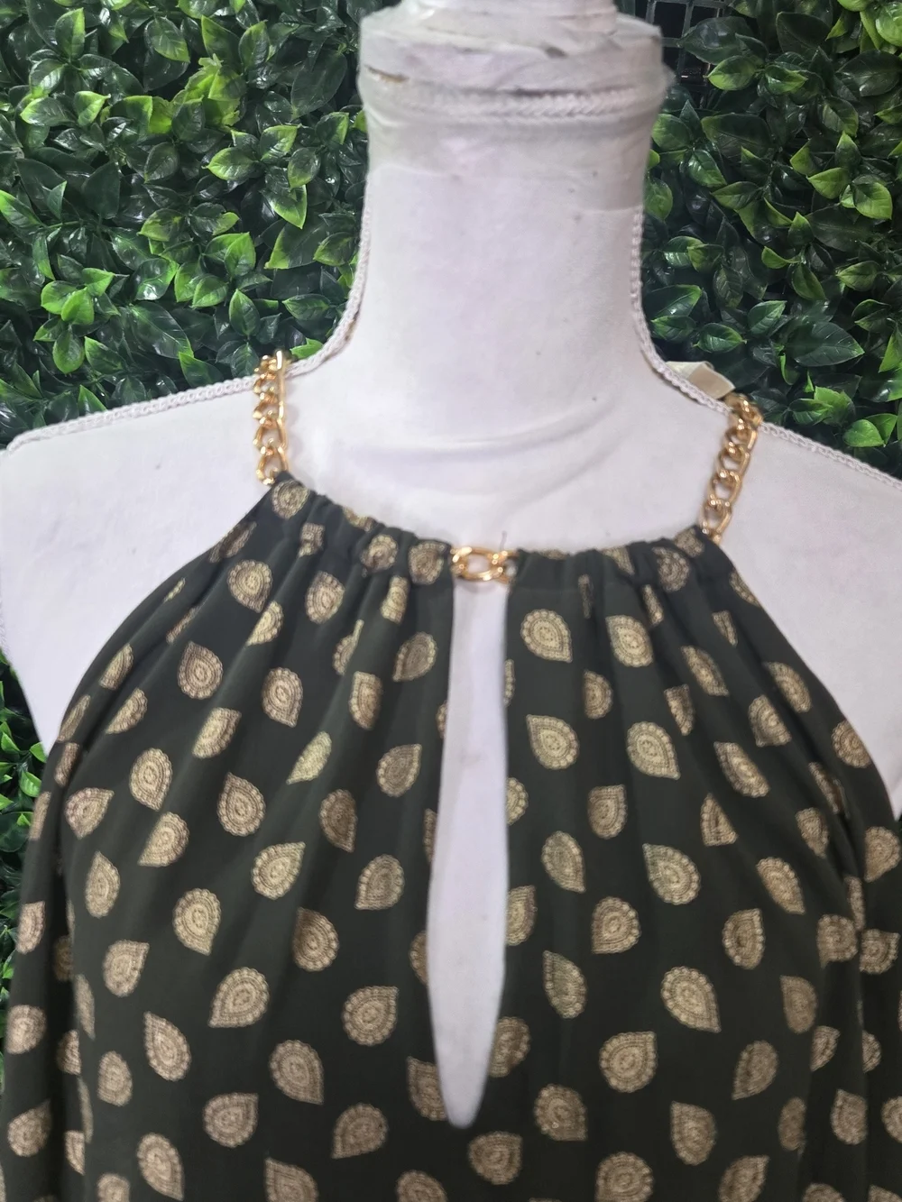 Michael Kors Olive Green Halter High-Low Dress with Gold Dot Print